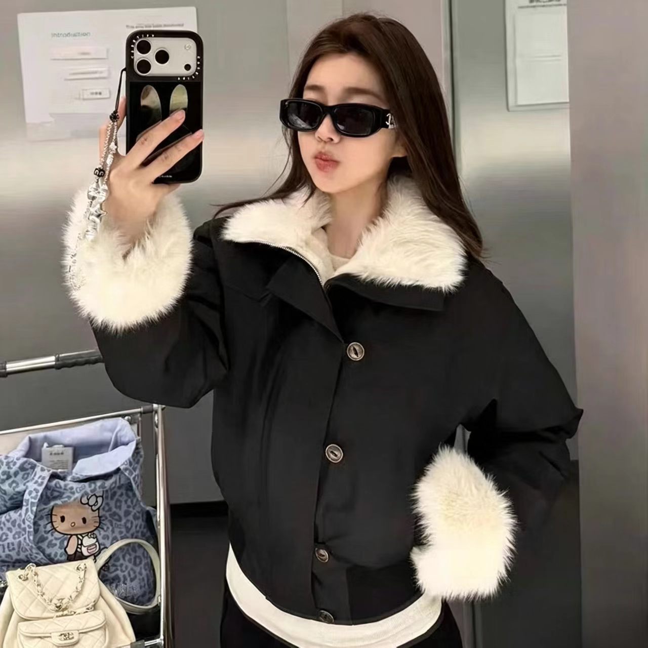 美式复古短款棉服女 防风收腰工装夹克小个子保暖加厚毛毛领外套