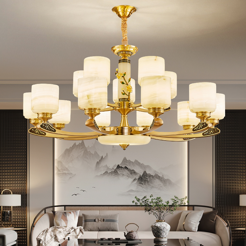 新中式高端客厅吊灯玉石大气全铜