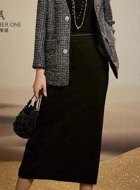 ANOTHER ONE安那迪气质显瘦a字半身裙女时尚极简风黑色长裙高腰显