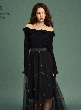 ANOTHER ONE安那迪法式一字肩针织衫玫瑰立体花设计显瘦气质上衣