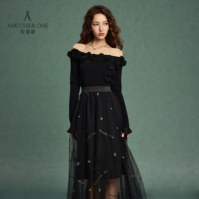 法式一字肩针织衫小众玫瑰立体花