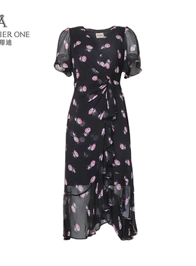 ANOTHER ONE安那迪荷叶边不规则设计短袖连衣裙女优雅气质浪漫印