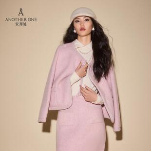 ANOTHER ONE安那迪粉色小香风毛呢外套新中式减龄呢子大衣温柔风