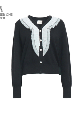 ANOTHER ONE安那迪法式慵懒风V领针织衫赫本风蕾丝拼接黑色上衣