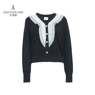 ANOTHER ONE安那迪法式慵懒风V领针织衫赫本风蕾丝拼接黑色上衣