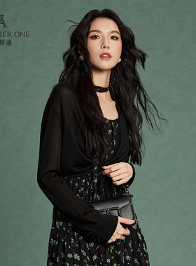 ANOTHER ONE安那迪设计感小众针织衫女黑色薄款微透系带防晒披肩