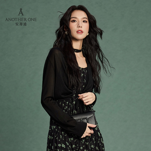ANOTHER ONE安那迪设计感小众针织衫女黑色薄款微透系带防晒披肩