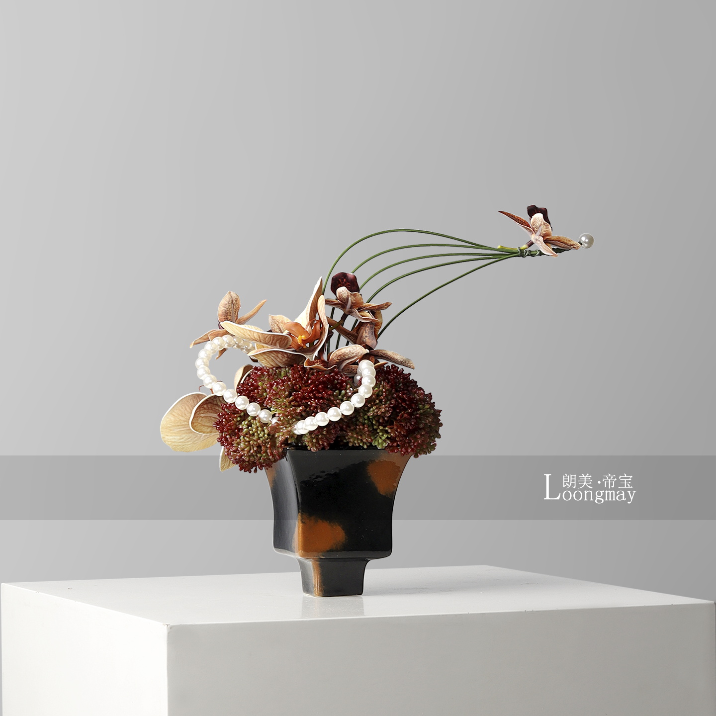 中古艺术方形陶瓷花瓶插花架空层酒店客厅洽谈桌茶几花艺摆件桌花