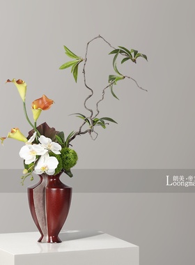 中古新中式高级感红色陶瓷花瓶插花样板房客厅玄关餐桌花艺装饰品