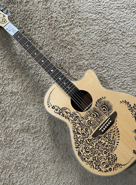 美国品牌 LUNA 露娜蜂鸟雕刻云杉桃花芯合板民谣木吉他缺角40寸