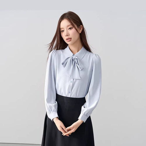 蓝色面试雪纺衬衫女士春秋职业通勤正装内搭上衣教资穿搭长袖衬衣