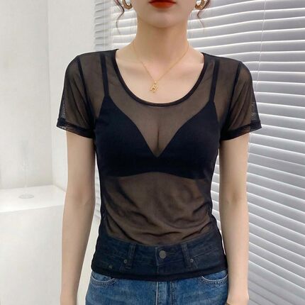 黑色圆领网纱短袖t恤女2026新款透明蕾丝上衣轻奢高级感修身打底