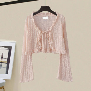 喇叭袖 温柔风木耳边绑带v领防晒开衫 2024新款 女夏季 短上衣 针织衫