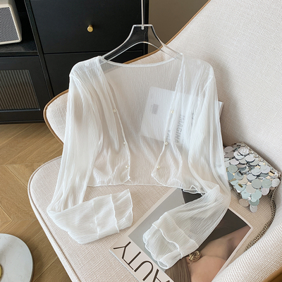 白色雪纺开衫女薄款披肩小外搭罩衫夏季防晒衣薄纱外套配吊带裙子