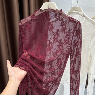 高端性感红色蕾丝打底衫女秋冬季透明内搭修身长袖半高领网纱上衣
