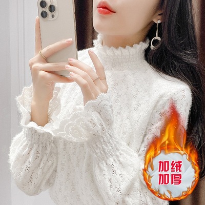 半高领蕾丝打底衫女内搭配毛衣的纱衣秋冬季洋气加绒加厚网纱上衣