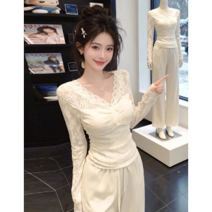 蕾丝v领长袖 胖mm显瘦收腰绝美小衫 衬衫 2026大码 上衣 女秋冬季 法式