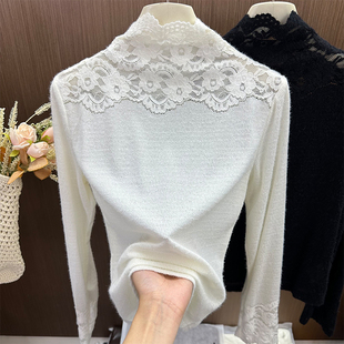 韩系高领蕾丝钩花打底衫女秋冬高级感配皮草内搭名媛风网纱上衣潮