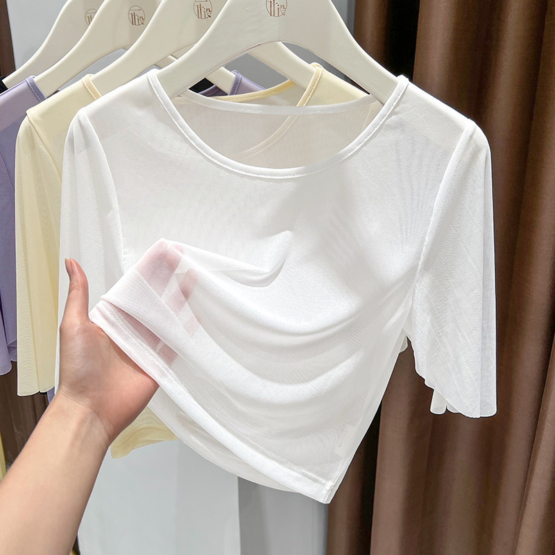 白色吊带网纱薄款罩衫短袖正肩女t恤2025超火减龄五分袖气质上衣