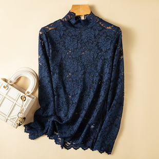 时尚洋气纱网蕾丝衫内搭秋冬款性感高领网纱打底衫女士春秋季上衣