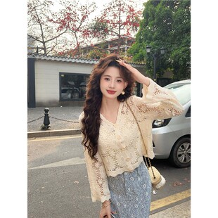 温敏er【清风茉白】纯色V领长袖针织开衫女钩花镂空设计薄款外套