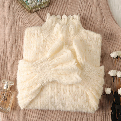高领磨毛加绒蕾丝打底衫女秋冬2024新款毛衣内搭叠穿保暖洋气小衫