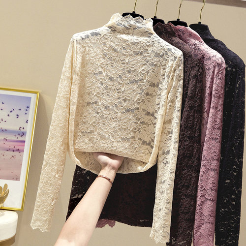 半高领全蕾丝打底衫春秋黑色勾花