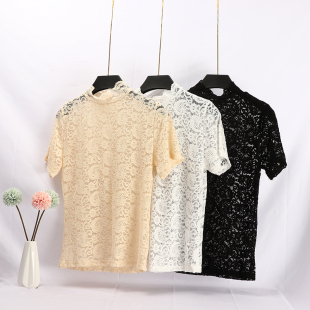 t恤性感镂空波浪边半高领打底衫 短袖 2020款 蕾丝上衣女春装