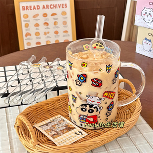 FunLife生活馆 可爱卡通小新1000ml大容量耐热玻璃杯啤酒杯果汁杯
