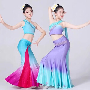 新款儿童傣族舞蹈演出服云南西双版纳少数民族孔雀舞月亮舞鱼尾裙