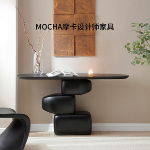 北欧侘寂风玄关桌艺术高级意式 极简黑色玻璃钢案台家具摆件玄关台