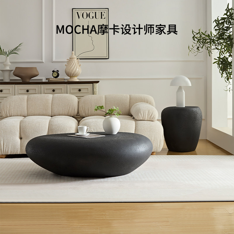 现代侘寂风鹅卵石茶几椭圆形北欧奶油风轻奢极简设计师客厅茶桌