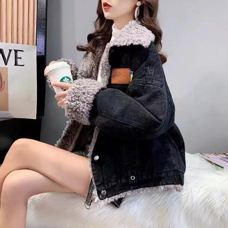 新款炸街上衣羊羔毛潮百搭ins女2025外套宽松韩版加绒牛仔冬季秋