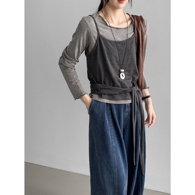 那末韩系慵懒风简约好穿木耳边两件套打底衫+吊带背心套装女E3201