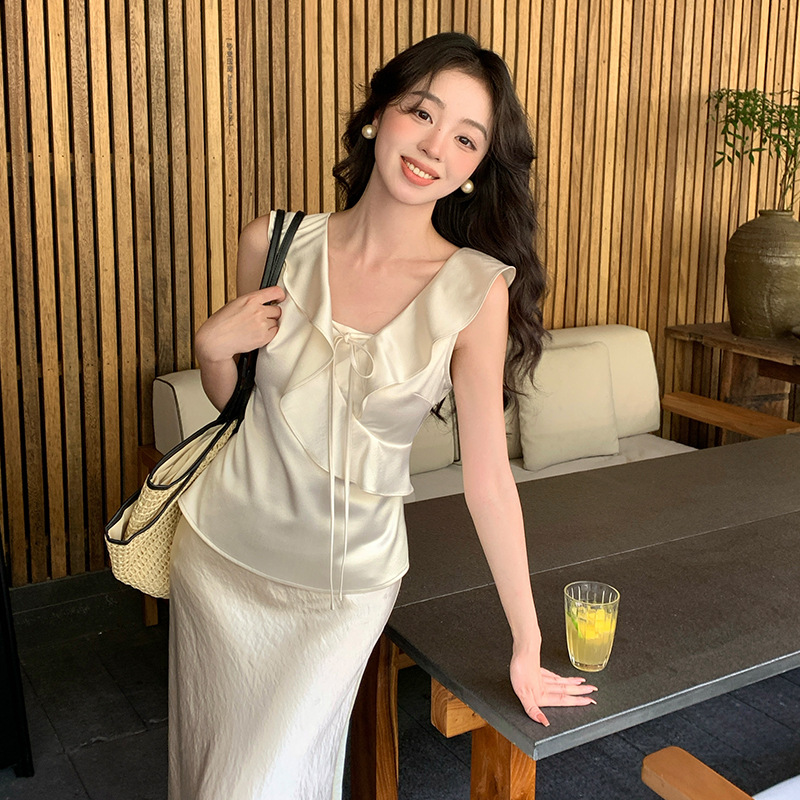 秀熙熙十三行夏季新款气质V领系带小衫雪纺无袖荷叶边上衣女