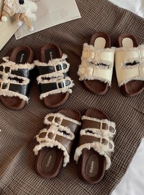 葡萄妈同款 双扣一字带厚底懒人露趾毛毛勃肯真皮拖鞋女秋冬外穿