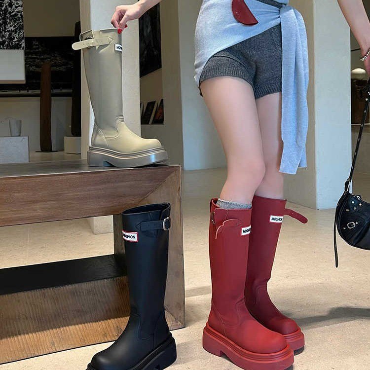 红色靴子~娜扎同款高筒雨靴子女网红户外防水靴长筒时装防滑雨鞋