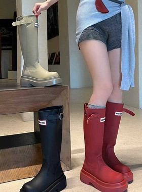红色靴子~娜扎同款高筒雨靴子女网红户外防水靴长筒时装防滑雨鞋