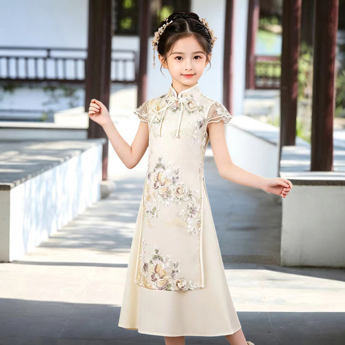 新中式改良旗袍女童香槟色连衣裙