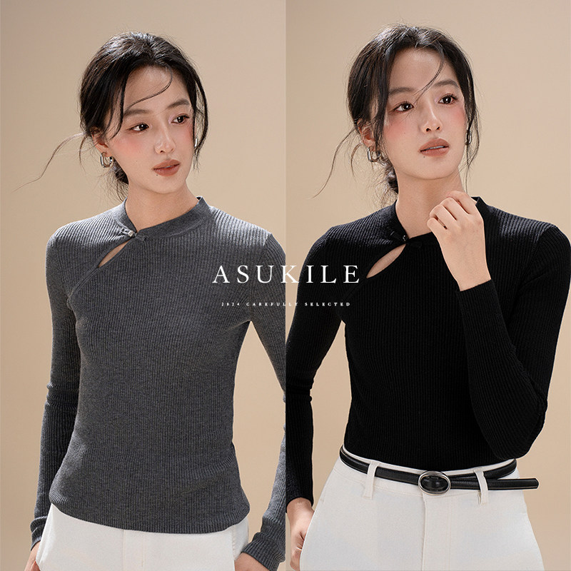 【秋至】ASUKILE上心 桑蚕丝新中式修身内搭针织打底衫女薄款毛衣