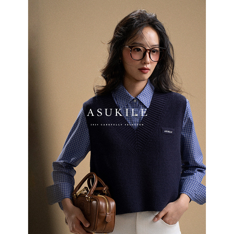 【衬衫搭子】ASUKILE上心 v领羊毛针织马夹背心女宽松miu系风外搭