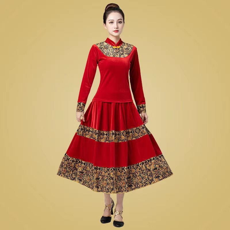 广场舞服装女秋冬新款名族风金丝绒长裙大摆裙跳舞衣服古典舞套装