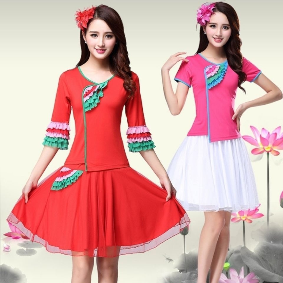 2022广场舞服民族风演出服套装花儿朵朵中短袖舞衣网纱裙阔腿裤装