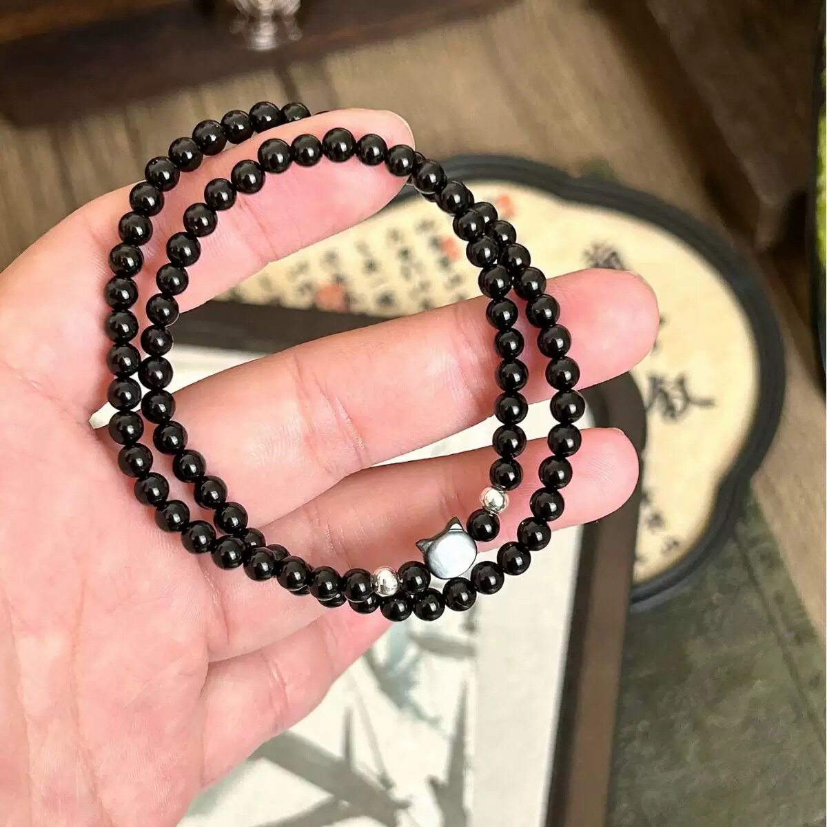 天然黑曜石双圈手串女款黑蝶贝猫头绝美小众手链多圈叠戴百搭手饰