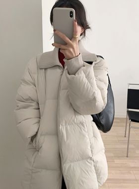 T.G-韩系立领拉链拼接针织毛衣中长款保暖羽绒服外套26052