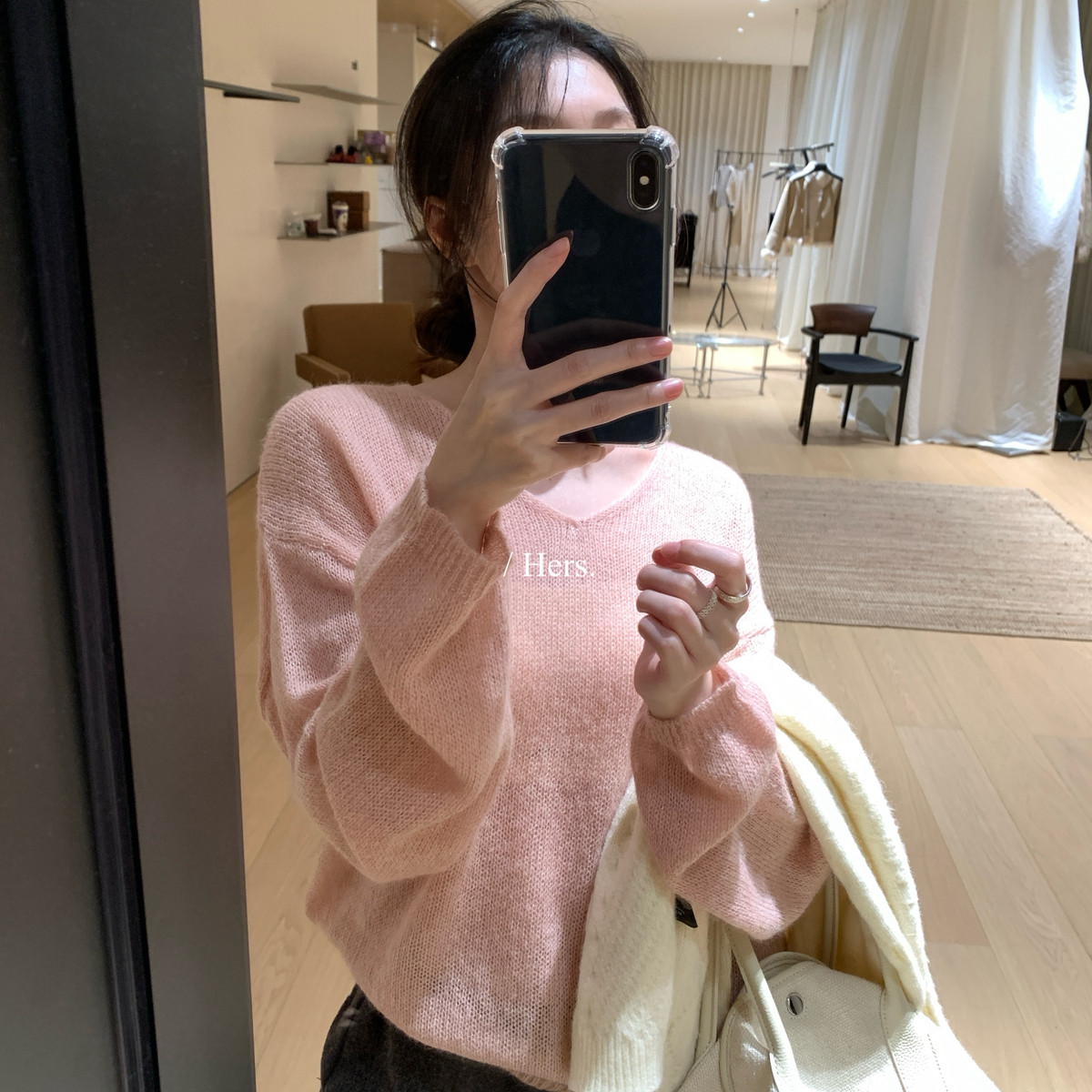 Hers-秋上新简约日常慵懒宽松V领毛衣62061