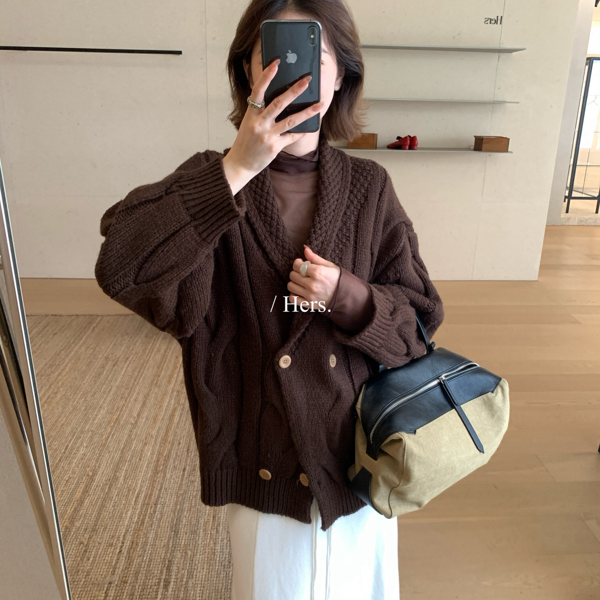 Hers-冬上新慵懒感翻领双排扣复古大毛衣62091