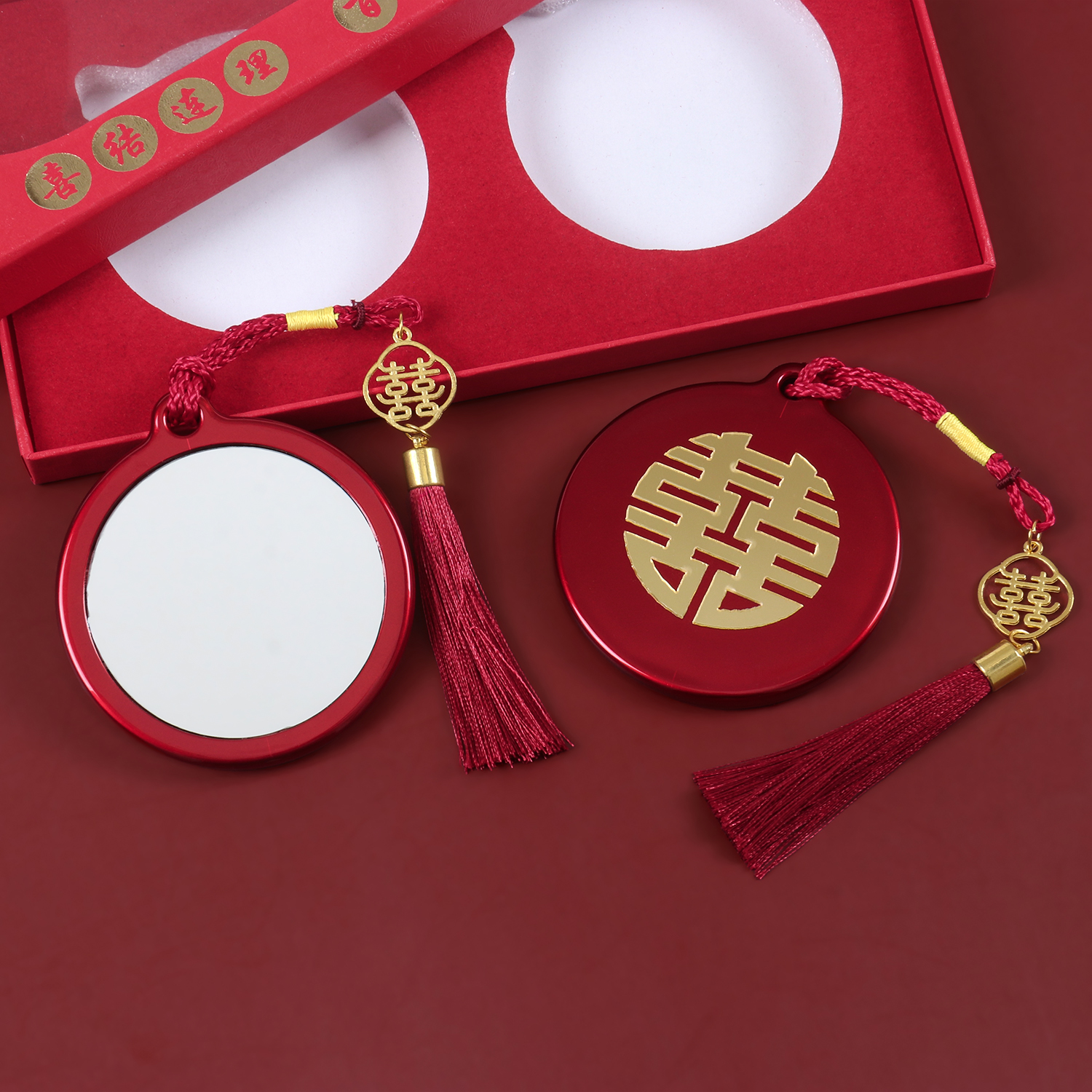 结婚小镜子流苏喜字红色圆形腰镜