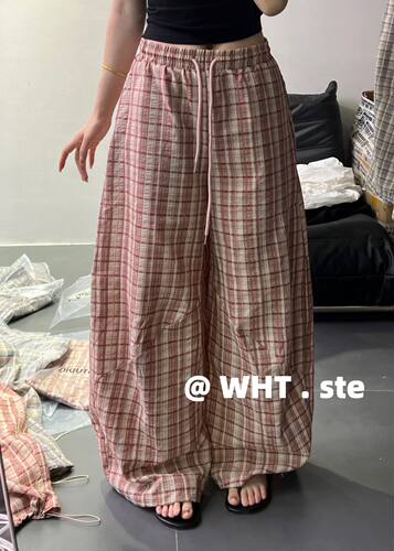 WHT早秋韩系时尚复古格子阔腿裤女高腰宽松慵懒风休闲长裤束脚裤