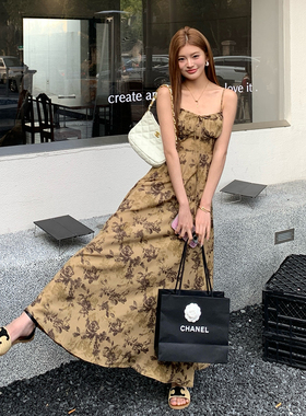 语姿雅Rae新款赤茶玫瑰法式复古印花显瘦高吊带裙女连衣裙长裙